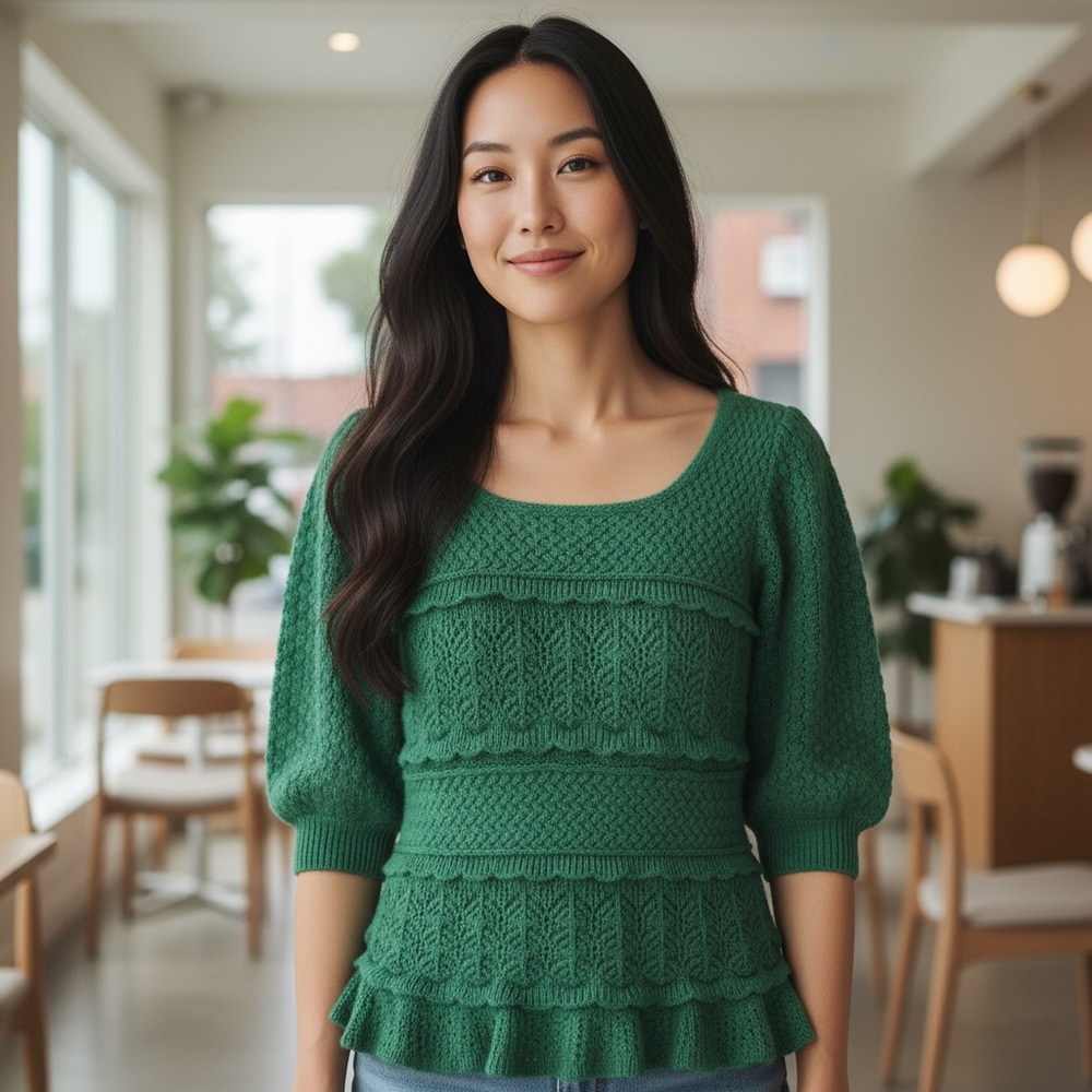 Boston Proper Green Knit Sweater with Ruffle Hem